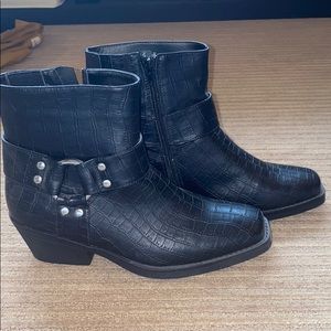 Revolve black snake skin booties